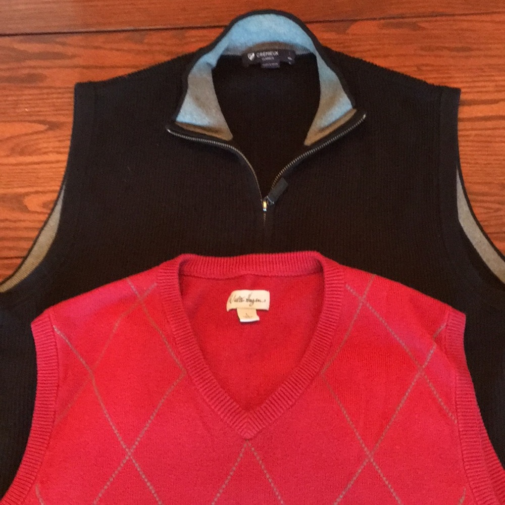 Red sweater vest pullover .  Black vest zip